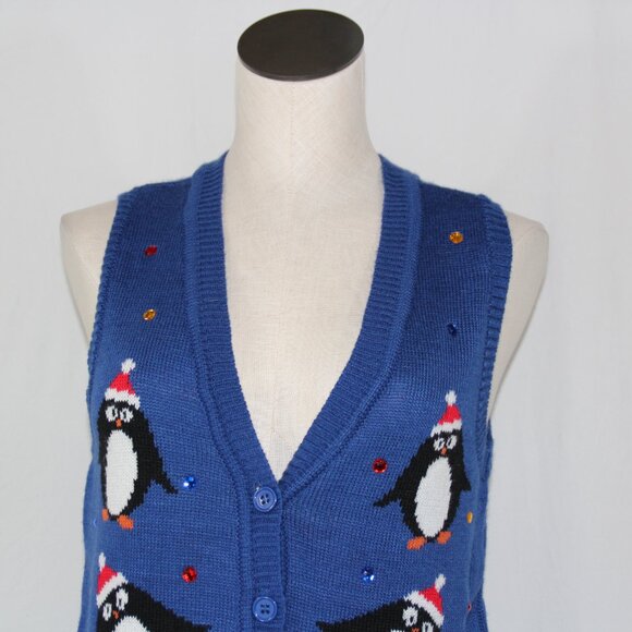 Holiday Christmas Sweater Penguins Vest Blue Acrylic Button Down Size S w/ Gems - Picture 4 of 7